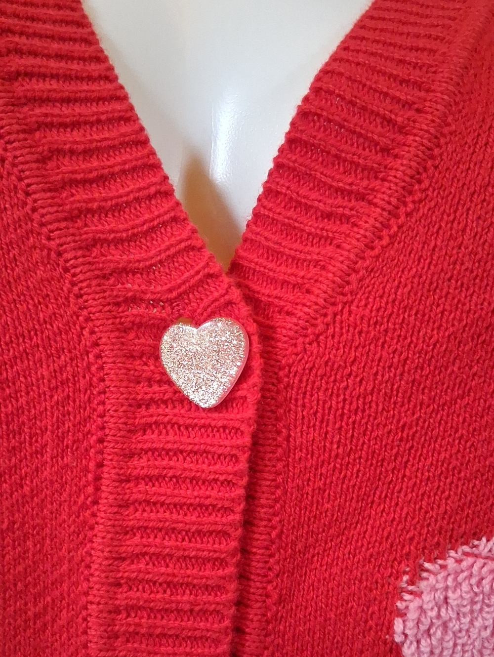 New Women's Heart Print V-neck Red And Pink Oversize Knit Glam Cardigan XXS - Picture 16 of 17
